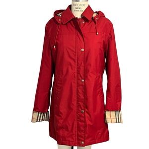 Burberry London KAYLA Red Hooded Trench Coat Nova Check Wool Lining Womens US 10